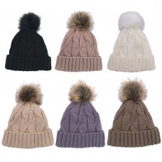 AT516: Girls Fur Pom Pom Chunky Knit Hat With Plush Fleece Lining